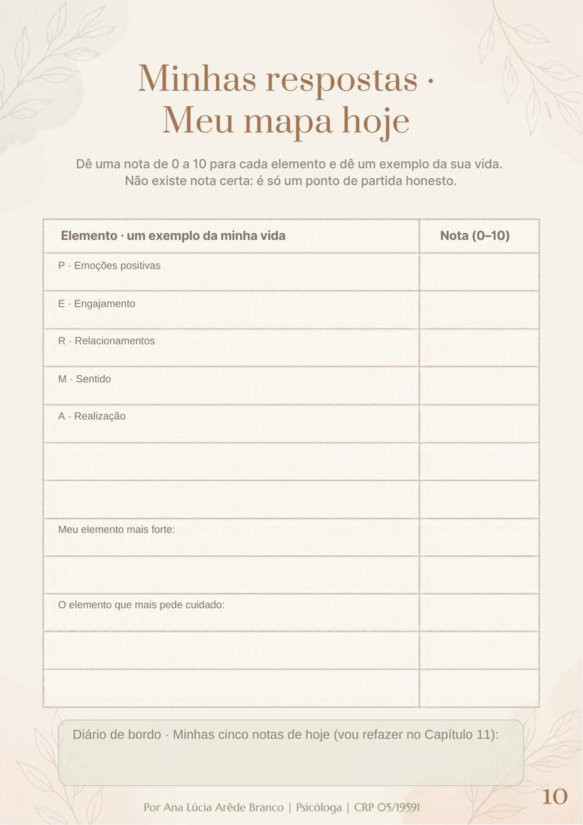 Página do e-book: Meu mapa hoje, notas do modelo PERMA